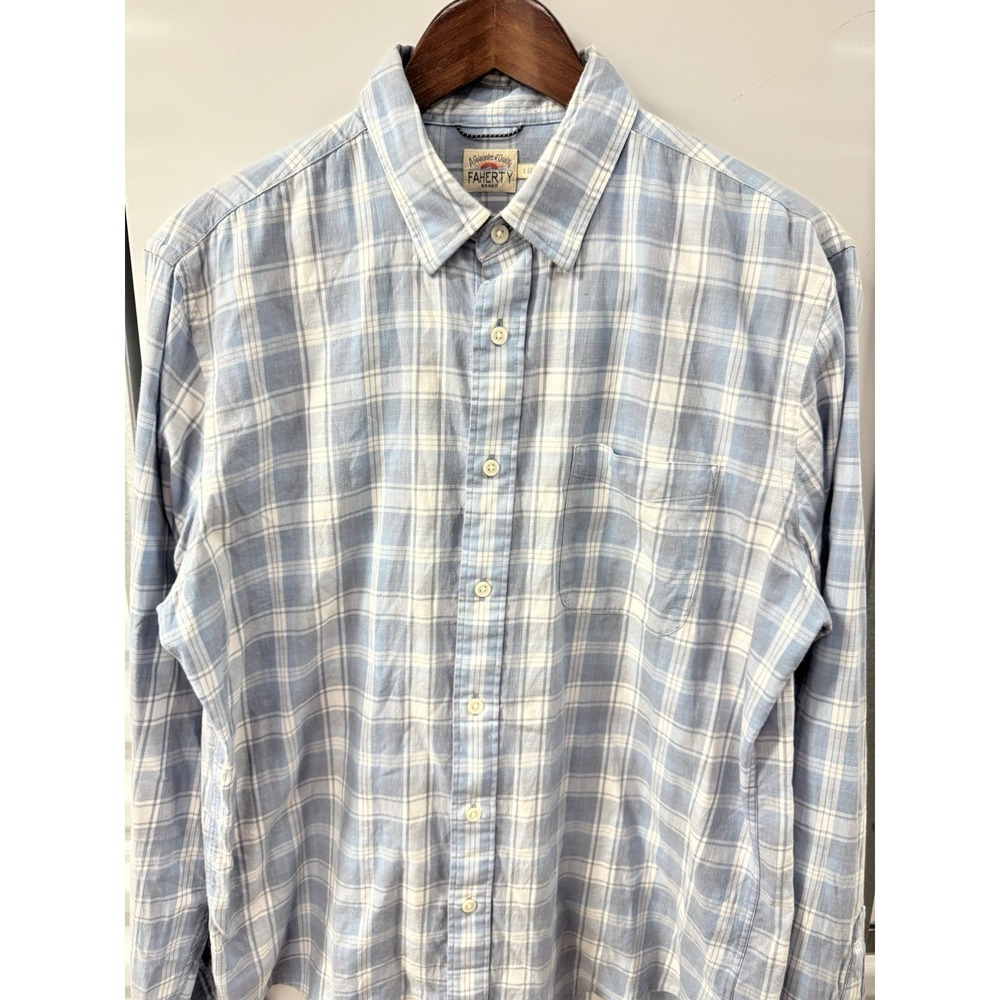 Faherty Lightweight Movement Flannel Plaid Shirt Blue Mens Large Utility Outdoor